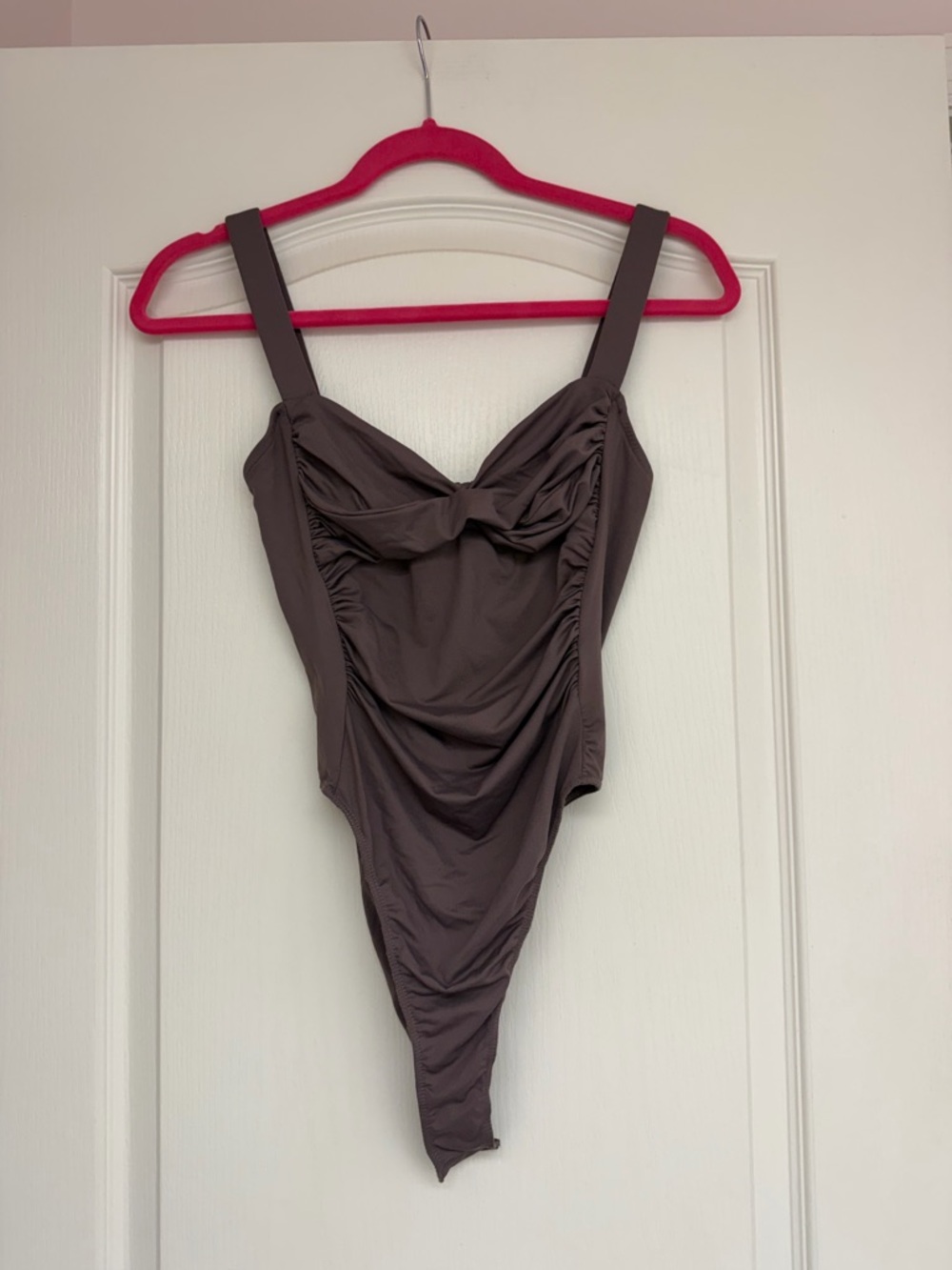Zara Taupe Twist-Front Ruched Bodysuit